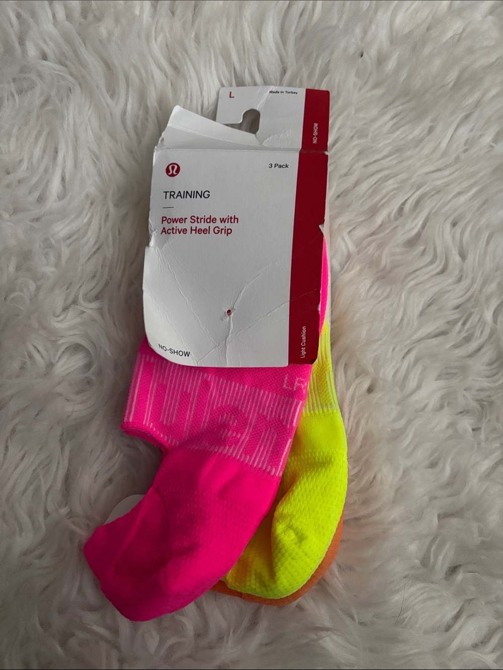 Lululemon Women’s Power Stride w/Active Heel Grip Socks, Pink/Yellow/Orange, L